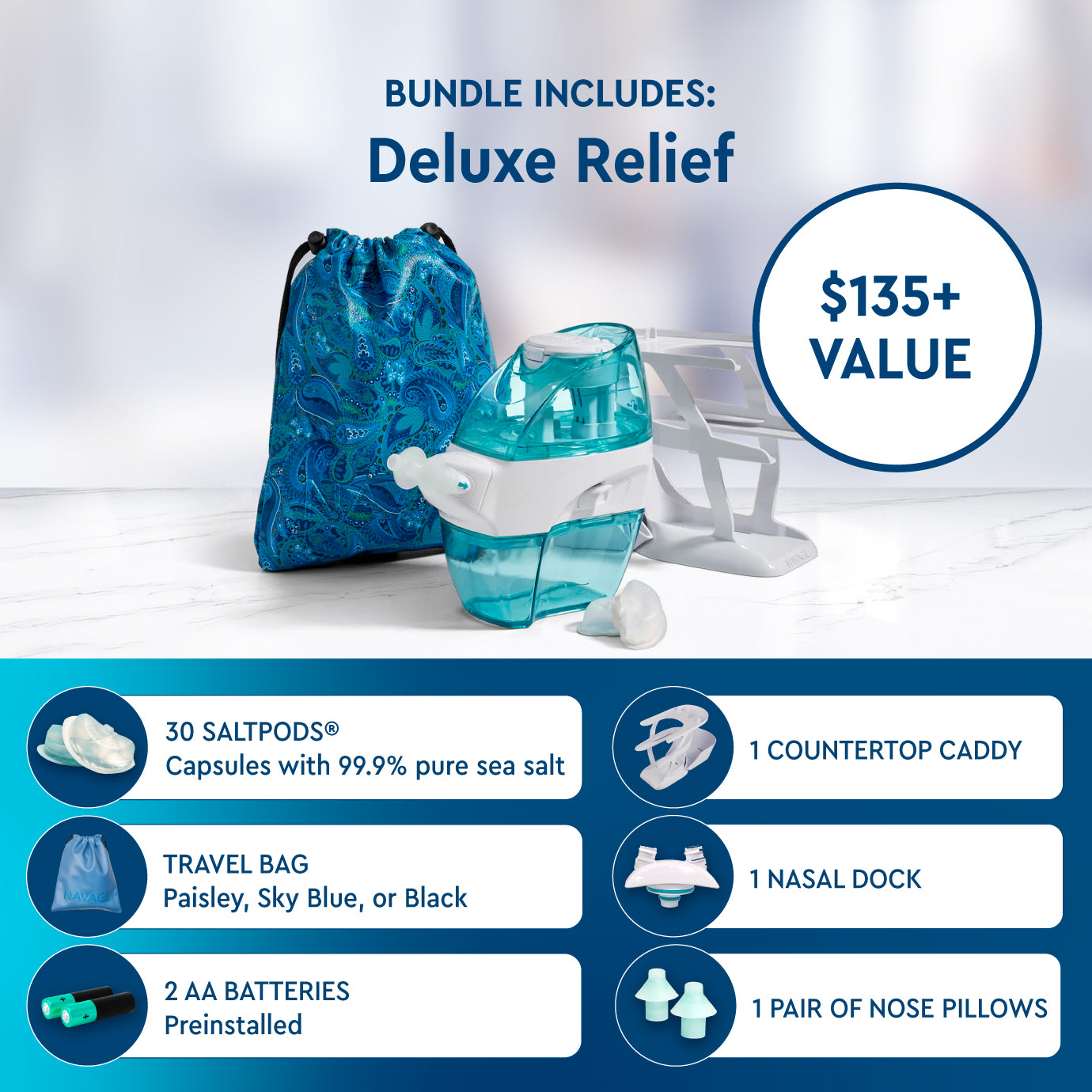 Navage Deluxe Bundle : nettoyant pour le nez, 20 Capsules de sel, support de comptoir, sac de voyage