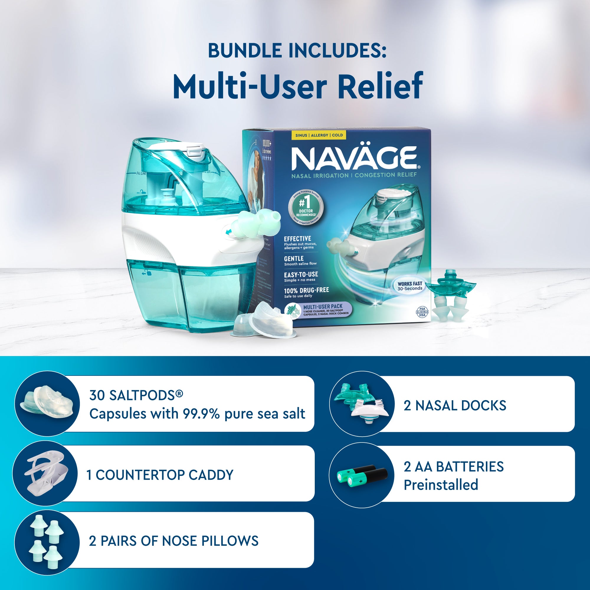 Naväge Multi-User Bundle: Nose Cleaner, 30 SaltPod Capsules, 2nd Nasal Dock, 2nd Pair of Nose Pillows